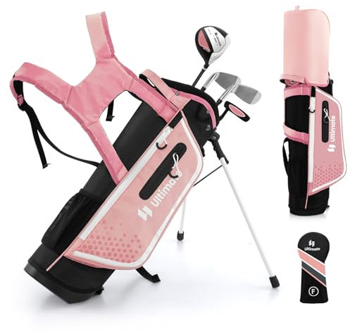 GOPLUS Golfschläger Set, 4 TLG. Golfschlägersätze mit 205CC 3er Fairway, 7er Eisen, S Eisen, Putter, tragbare Golfausrüstung leicht mit Golftasche & Regenhaube für Kinder von 5-7 Jahren(Rosa)