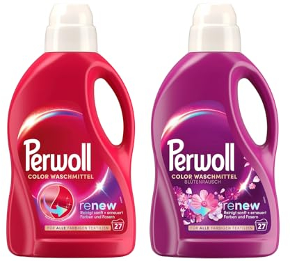 PERWOLL Flüssig-Set 2x 27 Waschladungen (54WL) 1x Color & 1x Color Blütenrausch, Feinwaschmittel reinigt sanft und erneuert Farben und Fasern, mit Dreifach-Renew-Technologie