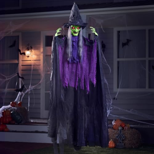 JOYIN Bruja Colgante de Halloween de 182,88 cm, Bruja de Cara Verde con luz y Sonido (activada por Sonido), Accesorio Aterrador de Halloween para decoración de Fiestas en Interiores y Exteriores