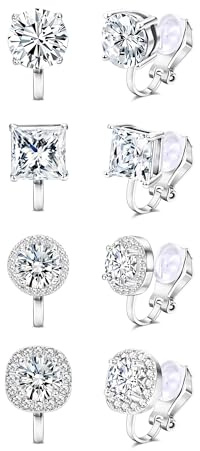 Thunaraz Cubic Zirconia Clip on Earrings - Women Hypoallergenic Comfortable Non Pierced Stud Earrings for Wedding and Dance Competitions Silver Clip-on Earrings