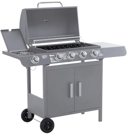 Outsunny 4+1 Burner Gas BBQ Grill, Outdoor Barbecue Trolley with Wheels, Warming Rack, Side Shelves, Cabinet, Thermometer for Garden, Party, Camping, 125 L x 51 W x 100 H cm, Grey