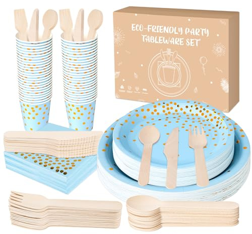 Anstore Blue Paper Plates, 200pcs Paper Plates Cups and Cutlery Set, 25 Guests Sustainable Foil Polka Dots Blue Birthday Party Tableware Set Including Plate, Spoon, Fork, Knife, Drinking Cups, Napkins