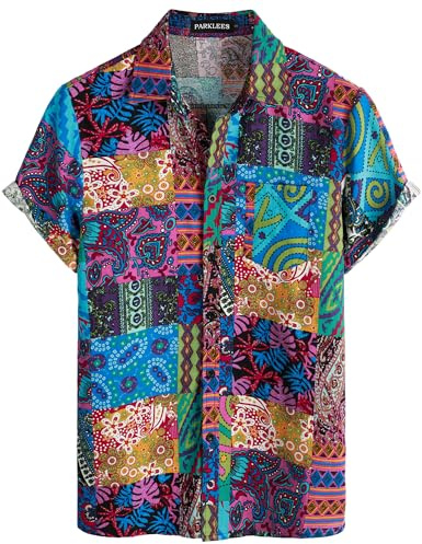 PARKLEES Men's Cotton Linen 70s Vintage Pattern Old Style Shirt Casual Short Sleeve Button Down Retro Shirts