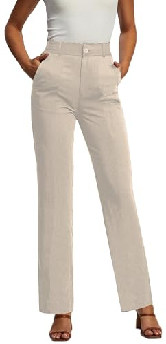 femiss High Waisted Straight Leg Trousers – Smart Office Wear, Formal Uniform Bottoms with 2 Side Pockets, Tailored Workwear, Stretch Fit for Women, Teens, Girls, Ladies (Beige,16)
