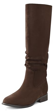 Shoe'N Tale Women's Knee High Boots Flat Low Heel Slouch Pointed Toe Winter Shoes with Side Zipper(8.5,Chocolate)