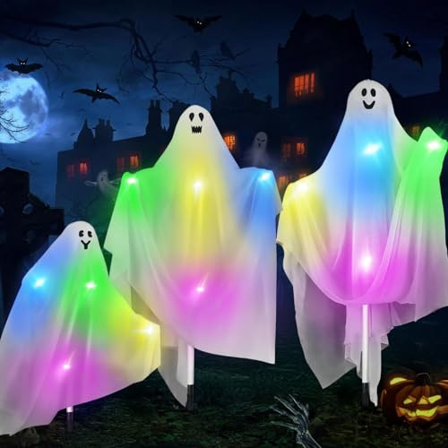 ZQEJEFD 3 Pezzi Fantasma Halloween, Decorazioni di Fantasmi di Halloween con LED e Picchetti da Terra, Fantasma Appeso di Halloweens, Fantasmi LED Halloween's Decorazione per Giardino, Cortile, Prato