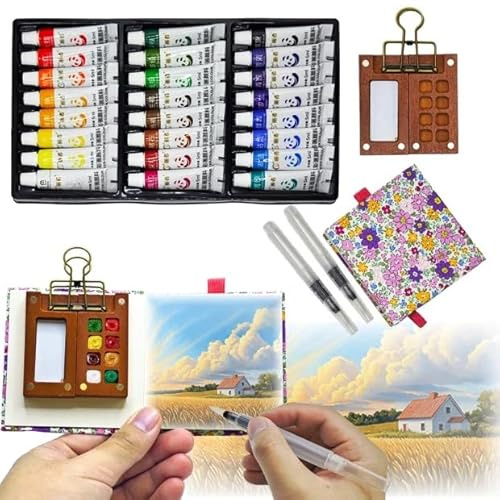 5Pcs Mini Watercolour Paint Set Travel Watercolour Set, 24 Colors for Pocket,8 Grids Wood Pocket Artist Palette Kit with Metal Clip,Artists and Student (Sketchbook, Palette, Metal Clip, Pen, Paints)