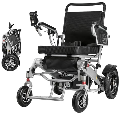 Silla de ruedas eléctrica plegable para adultos con potentes motores dobles de 25 km de alcance, 12 ° de ascenso, freno electromagnético inteligente, marco de aluminio
