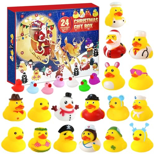 CHANCCI Calendario Dell'Avvento Con 24 paperelle,24 giorni di conto alla rovescia per Natale,Paperelle di gomma,mini anatra galleggianti,Paperelle da bagno che squittiscono per bambini&bambine