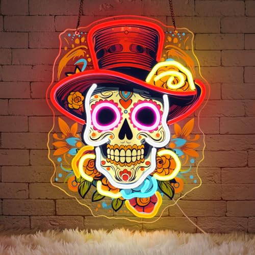 Lxmoneon Insegna al neon del Giorno dei Morti, luce al neon a LED con teschio di zucchero messicano per casa bar, luce da parete al neon con stampa UV teschio USB per feste di Halloween (rosso)