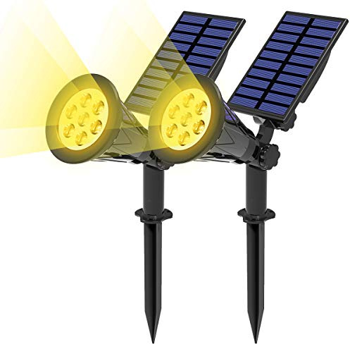 T-SUN Foco Solar, Lámparas Solar Luces Exterior 7LED Luz de Jardín Focos Impermeable, 3000K Blanco Cálido, Apliques de Pared Solar con 10 Horas para Jardín Patio Camino.(2 Unidades)