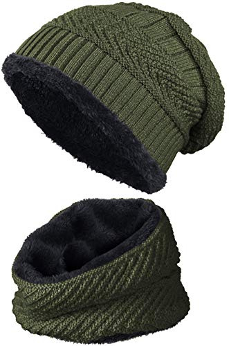 BALINCO Caldo Berretto Foderato + Sciarpa con Fodera in Pile con Motivo a Treccia Cappello Invernale Taglia Unica per Donne e Uomini (4A) (Verde Oliva/Nero)