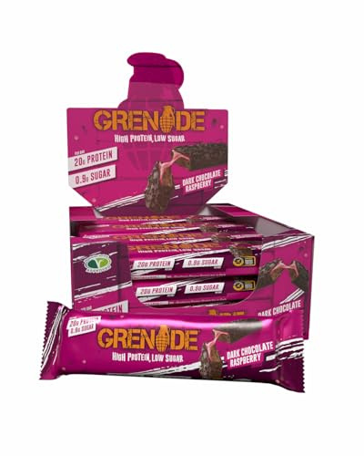 Grenade Barra de Proteína Baja en Azúcar - Sabor Dark Chocolate Raspberry, 12 x 60 g