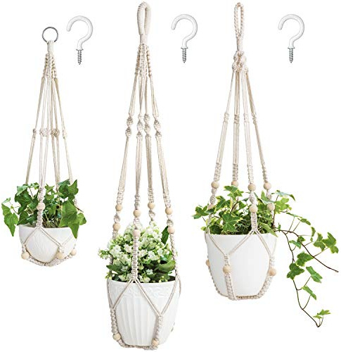 Mkono 3 Pack Macrame Plant Hangers Indoor Different Size Hanging Planter Basket Flower Pot Holder with Beads No Tassels 35/29/23, Medium, Ivory
