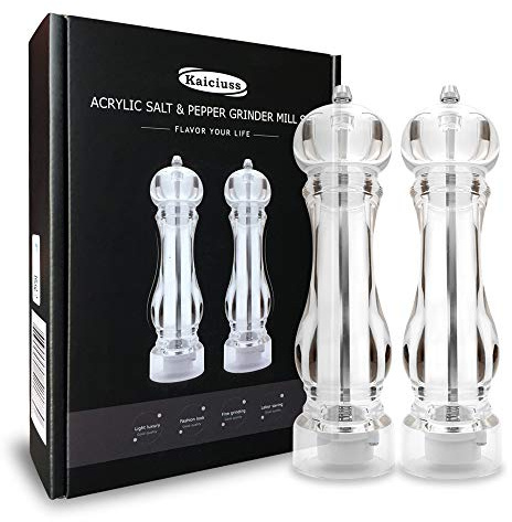 Kaiciuss salt and pepper grinder mill set refillable large,the best transparent acrylic grinders for whole peppercorn and himalayan salt