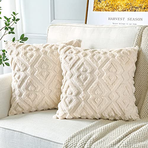 Artscope Pack of 2 Soft Plush Short Wool Velvet Decorative Cushion Covers Luxury Style Throw Pillow Covers European Pillow Shell for Sofa Bedroom Diamond Shape Cream Beige, 60x60cm
