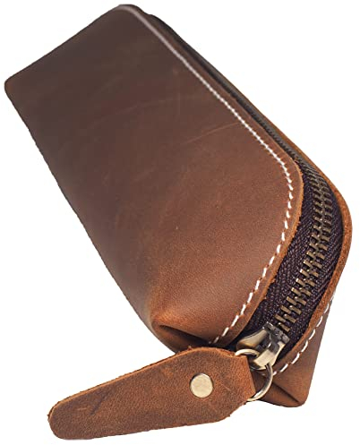 BAWAKO Federmäppchen aus hochwertigem Leder, kompaktes schönes Stift Etui handgemacht mit Reißverschluss für Shüler Student,Kosmetiktasche,Schminktasche (Braun, L22)