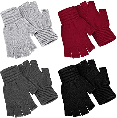 SATINIOR 4 Pair Winter Half Finger Gloves Knitted Fingerless, Light Grey 3