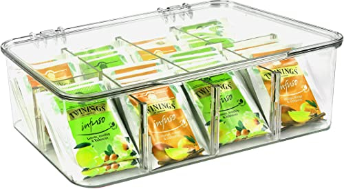 KICHLY Plastic Tea Bag Holder (Pack of 1) Plastic Tea Box Organizer With Lid - 8 Compartments Organizer for Kitchen Countertops, Cabinets, Pantry (Clear)