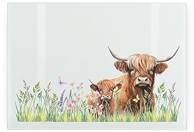 Highland Cows Petite planche à découper en verre trempé résistant à la chaleur avec pieds antidérapants 28,5 x 20 cm