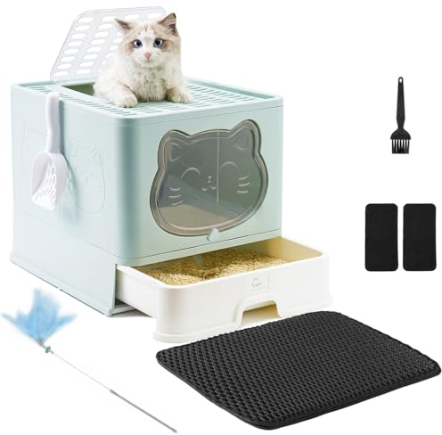 HelloMiao Große Katzentoilette Geschlossen, Klappbares Katzenklo mit Schubladensystem & Geruchsneutralisierung inkl. Streuschaufel