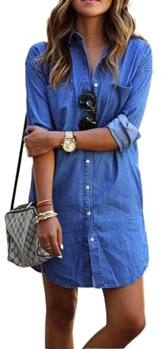 Goudyna Women's Casual Denim Shirt Dress Turndown Collar Long Sleeve Button Down Loose Jeans Dress