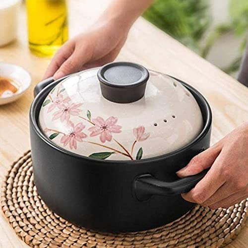CVNIMV Cazuela de cerámica japonesa Sakural Olla de arcilla cazuela de aislamiento Olla caliente de cerámica redonda resistente al calor con tapa Olla de barro de doble asa para guiso A 2.