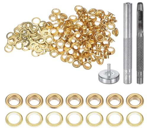 QUARKZMAN 100Pcs Kit d'Outils pour Œillets en Cuivre de 4,5 mm avec Poinçon Creux, Outils de Pose d'Œillets pour Vêtements en Cuir, Tissu, Ceinture, Couleur Or