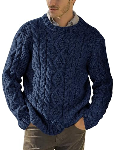 Runcati Maglione pesante da uomo, lavorato a maglia intrecciata, autunno inverno, con girocollo, Blu scuro, M