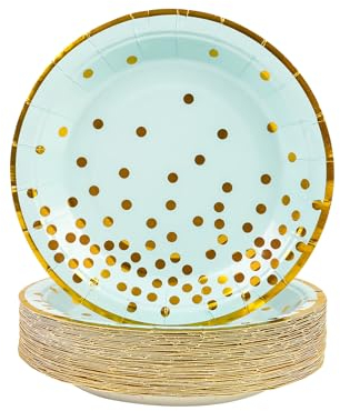 DHAIQC 50 Pezzi Piatti Carta Oro Blu 18cm, Usa e Getta Stoviglie Compostabili per Feste di Compleanno, Matrimoni, Picnic, Baby Shower