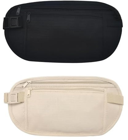 HAOXYO 2 Stück Gürteltasche, Bauchtasche Klein mit Verstellbare Schnalle, Verdeckte Hüfttasche Aus Nylon, Leichte Hüfttasche, Bauchtasche Flach für Fitness, Laufen, Reisen und Wandern (Schwarz+Khaki)