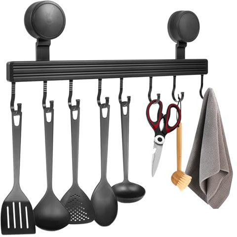 Miawtro crochet à ventouse pour cuisine sans perçage | 8 crochets mobiles,40 cm, aucun dommage au mur | Barre à crochets de cuisine en aluminium et ABS de haute qualité, pour les ustensiles de cuisine