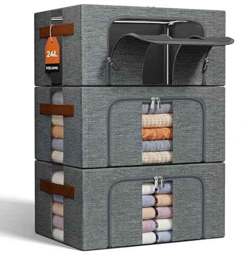 NiuBeBe Scatole per Armadio Rigide: Contenitori per Armadio Cerniera - Piumone Lenzuola Organizzatore Armadio - Scatole per Vestit (Grigio 3x24L)