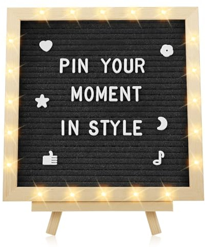 Tablero de letras iluminado con luces LED, tablero de mensajes intercambiable de fieltro de 10 x 10 pulgadas con marco romántico, letras precortadas para bodas, fiestas, decoración del hogar, regalos