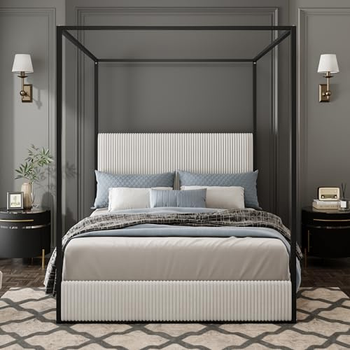 Canopy Bed Frame Queen Size,Floor Upholstered Platform Bed with Tall Corduroy Headboard & 4 Poster,Metal Canopy Bed with Vertical Channel Tufted Design & Wood Slat for Bedroom,Easy Assembly,White