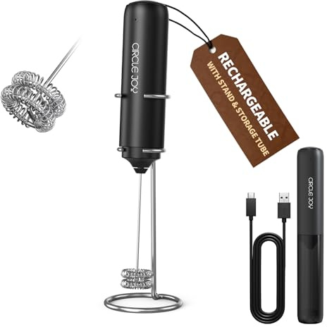 CIRCLE JOY Rechargeable Milk Frother Handheld with Stand, Dual Coil Whisk Head Electric Coffee Frother, Portable Hand Frother Wand Drink Mixer for Matcha Lattes Cappuccino, Kitchen Gifts, Black
