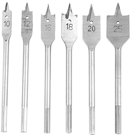 Flachfräsbohrer Set, 6 Stücke Kohlenstoffstahl Spaten Paddel Fräsbohrer Holz Bohrer, 150 mm Länge, Durchmesser 10/12/16/18/20/25 mm, Sechskantschaftgröße 6mm