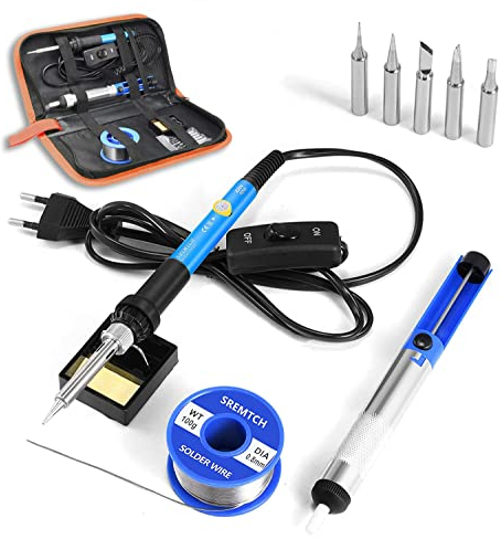 Lötkolben, SREMTCH 60W/220V Lötkolben Set mit Einstellbarer Temperatur knob 200-450°C und EIN/AUS-Schalter, 100g Lötzinn, 5 Lötspitzen, Entlötpumpe, Löten Ständer mit Schwamm, PU Bag für Reparaturen