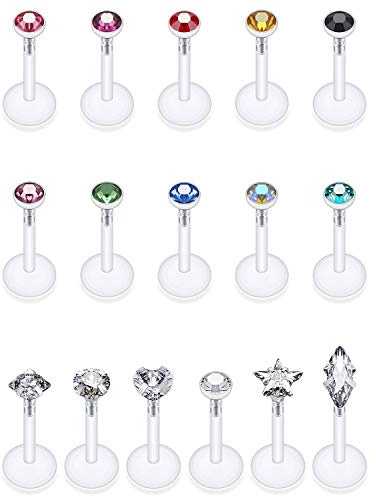 Jenxnjsjo Plastic Threadless Lip Rings Cartilage Earring Labret Ashley 16g 8mm 16 Gauge Surgical Steel Clear Flat Back Tragus Helix Conch Medusa Monroe Piercing Jewelry for Women Internally Threaded