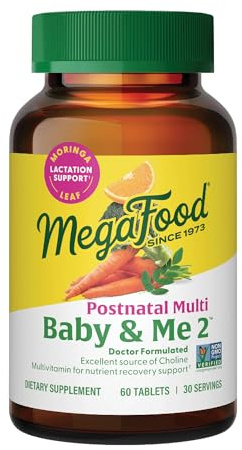 MegaFood Baby & Me 2 Postnatal Vitamins for Women Breastfeeding with Folate (Folic Acid Natural Form), Choline, Iodine, Vitamin D, Moringa Leaf and More - 60 Tabs (30 Servings)