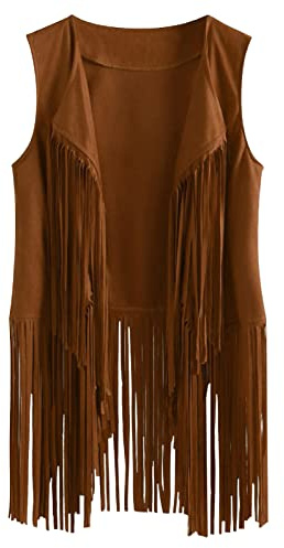 FEOYA Women's Gilet Fringe Vest Tassel Waistcoat Open Front Cardigans Faux Suede Sleeveless Jacket Coat Retro Vintage Hippie Gilet Plus Size Casual Loose Lapel Vest Top Spring Autumn Winter Khaki XL