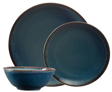 Mason Cash Reactive Blue Stoneware Dinner Set | 12-Piece Tableware Collection with Reactive Glaze Finish | Includes 4 Dinner Plates, 4 Side Plates & 4 Bowls | Dishwasher & Microwave Safe
