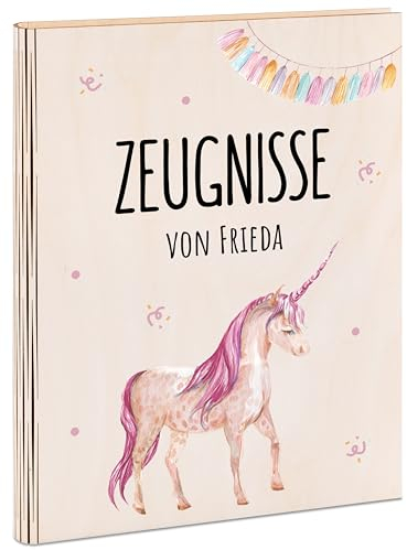 Bärenfreunde® - Personalisierte Holzzeugnismappe mit hochwertigem Spezial-Druck - Einschulung Geschenk für Jungen & Mädchen (Einhorn Girlande)
