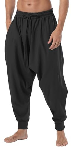 AITFINEISM Männer Haremshose Bequeme Elastische Taille Hosen Mode Einfarbig Casual Yoga Hippies Hosen (Schwarz 1,M)