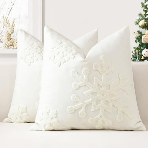 JOTOM Set of 2 Christmas Decorative Winter Snowflake Cushion Covers 45x45 cm Throw Pillow Covers Embroidery Cushion Cases Holiday Decor Soft Pillowcases for Couch Sofa Bedroom Car (Cream White)