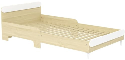 AIYAPLAY Cama rectangular infantil, 90x190 cm Cama infantil para niños de 3-10 años con marco de madera de pino y barreras protectoras para la habitación de los niños, blanco y color madera