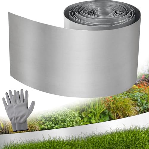 Vehipa Borde de césped Plateado galvanizado, 10 m, 14 cm de Altura, Metal galvanizado con 1 par de Guantes, Bordes de césped de jardín galvanizados para Manualidades, Borde de césped, Chapa de Metal