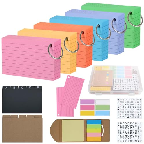 MirraSwit Index Card Box Set with 300pcs A7 Flashcards Lined, Revision Cards with Metal Binder Ring, Colorful Index Double-Sided Printing, with Sticky Notes for Office Home School Learning（322pcs）