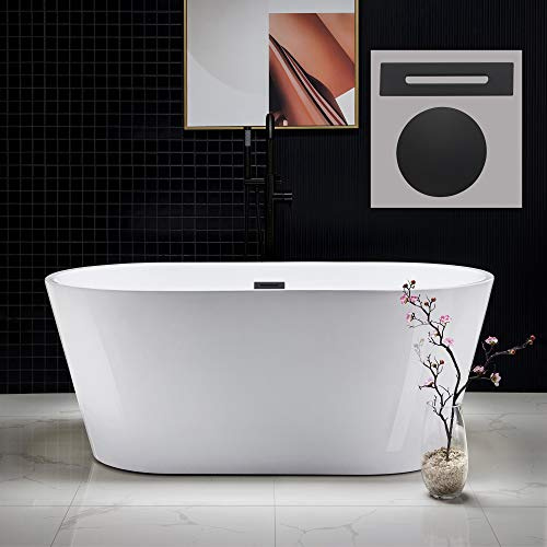 WOODBRIDGE 59 Freestanding White Acrylic Soaking Bathtub with Matte Black Drain and Overflow,BTA1514-MB