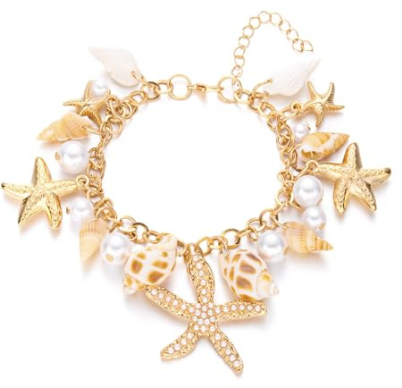 IMINI Boho Starfish & Pearl Adjustable Anklet, Gold-Toned Coastal Foot Jewellery with Seashell Charms – Summer Holiday Beach Wedding Gift for Women Girls